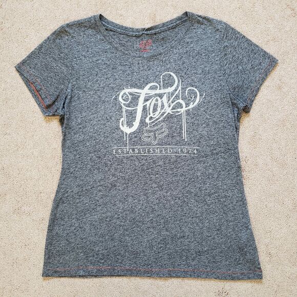 Fox Tops - Fox Racing Women's T-Shirt Spellout Short Sleeve Heather Head Gray Large